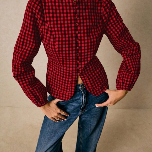 Red Casual Women's Plaid Long Sleeve Work Shirt - Picture 4 of 7